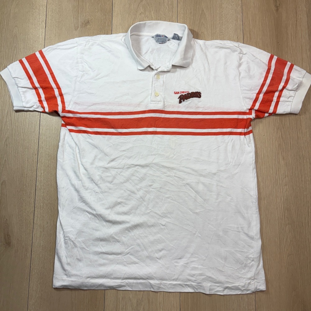 Vintage Logo 7 San Diego Padres Polo Shirt White Orange Striped Large MLB 90s